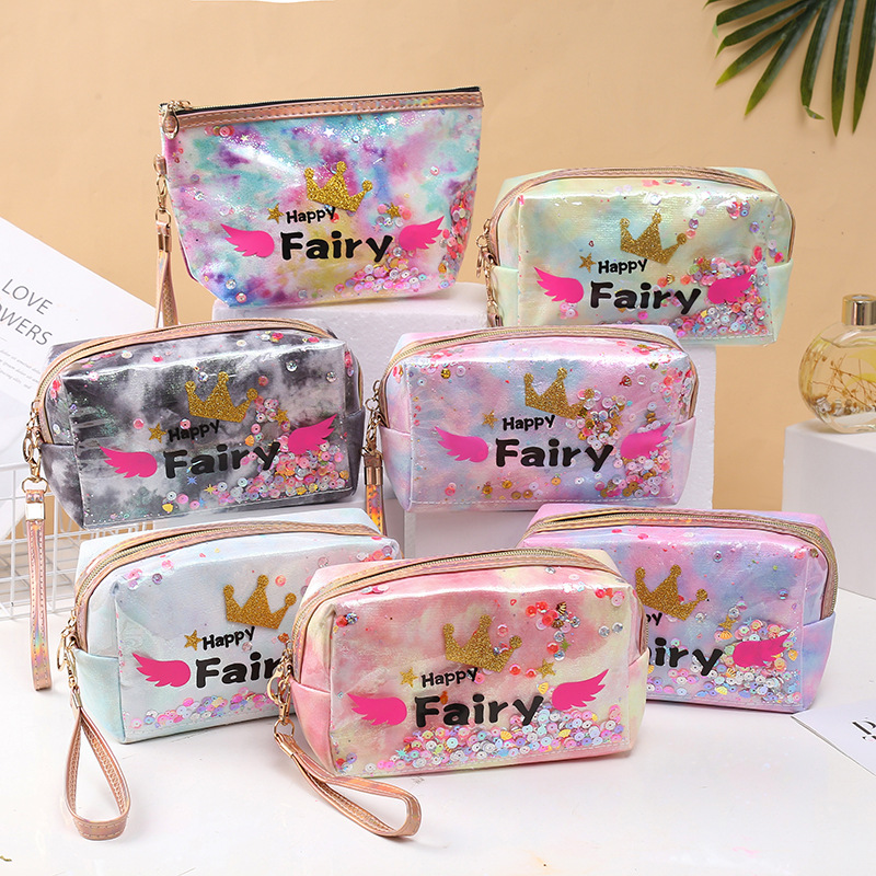 INS Style Portable Cosmetic Bag Built-in Sequined Kawaii Storage Bag Girlish Style Cartoon Letter Bag Wash