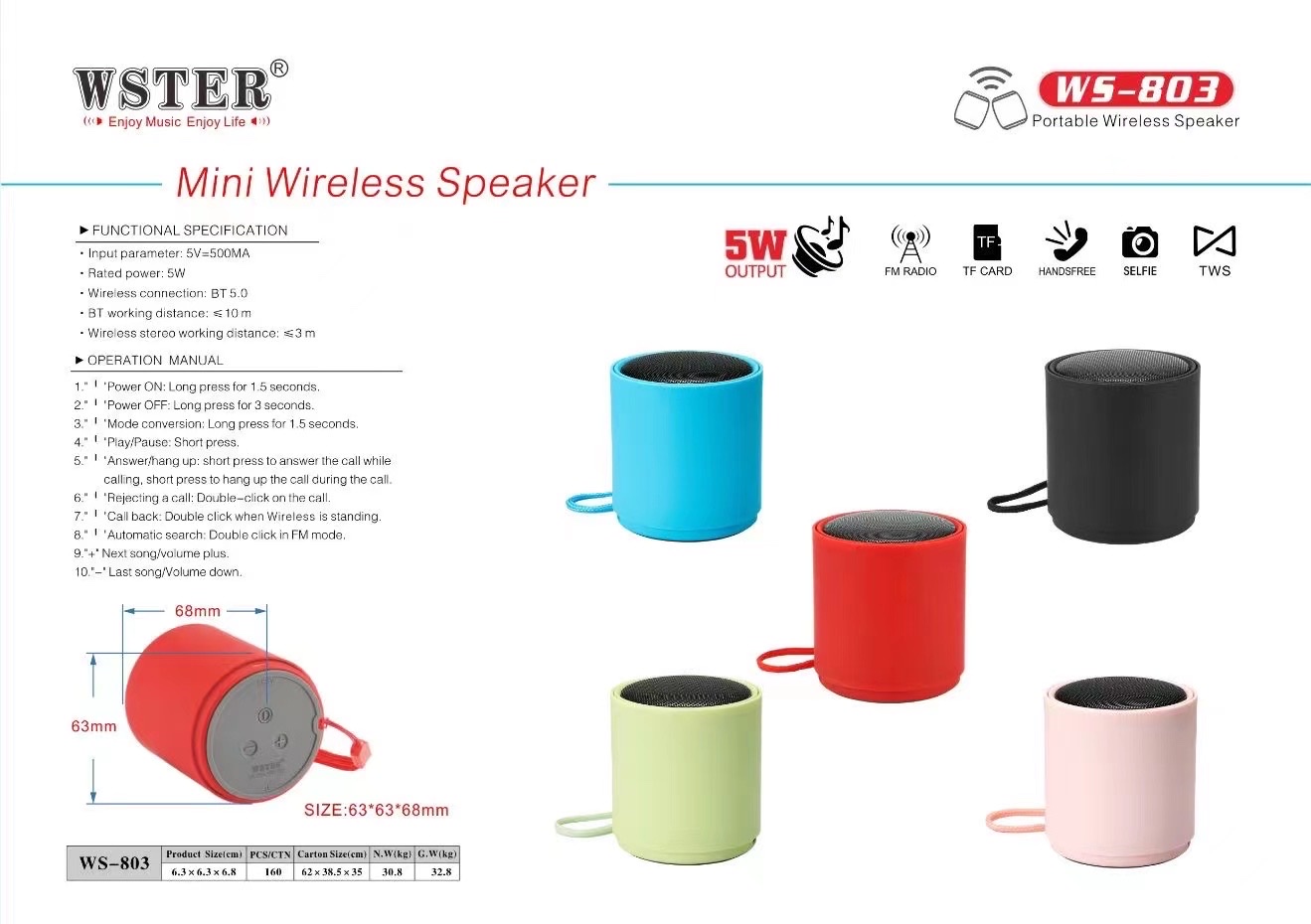 Wster Wireless Bluetooth Speaker WS-803 Bluetooth Audio USB Card Radio Portable Bluetooth Audio