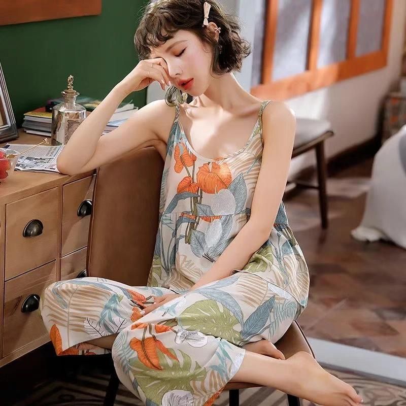 Foreign Trade Popular Style Cute Sweet Pajamas Women‘s Spring and Autumn Sexy Print Camisole Set Trousers Thin Homewear Suit