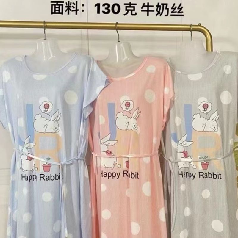 Milk Silk Nightdress Batwing Sleeve Belt Women‘s Cotton-like Printed Cartoon Mid-Skirt Anime round Neck Student Women‘s Home Wear 