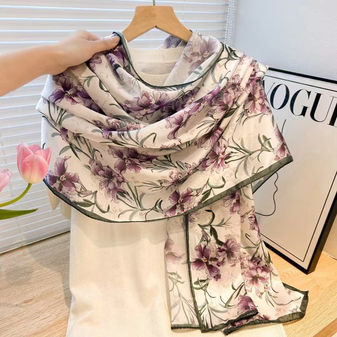 curling scarf silk-like scarf scarf refreshing and elegant novel sunscreen shawl scarf all-matching women‘s flower wholesale