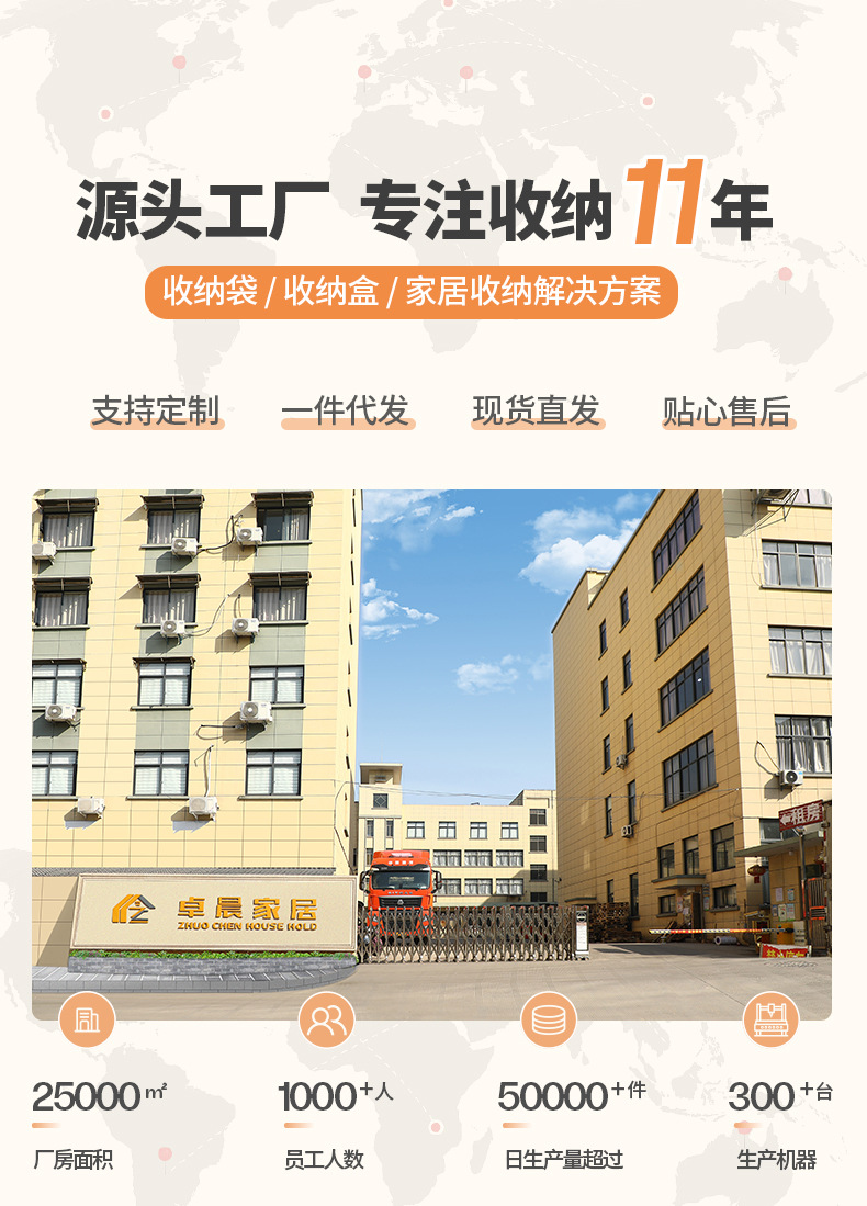 浙江卓晨家居用品有限公司，专注收纳系列产品研发生产与销售15 年，是集自主研发、规模化生产、品牌代工、现货批发于一体的大型家居收纳源头工厂。 公司厂区占地面积 30000㎡，打造义乌超大规模收纳生产基