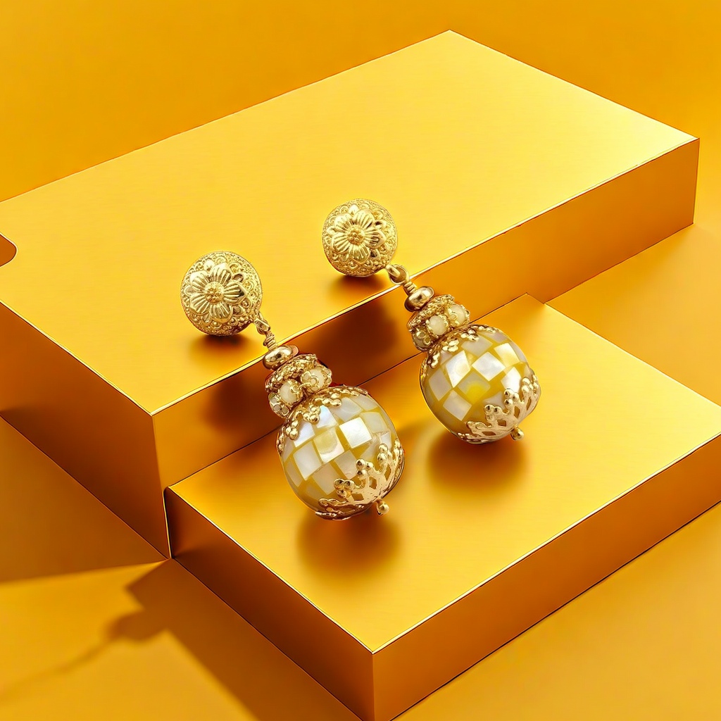 【SUGEBEINI】 Retro court style golden hollowed-out carved earrings, natural shell patchwork checkered spherical earrings, light luxury and niche design sense earrings, Baroque style ZEH00001 Application Scenario