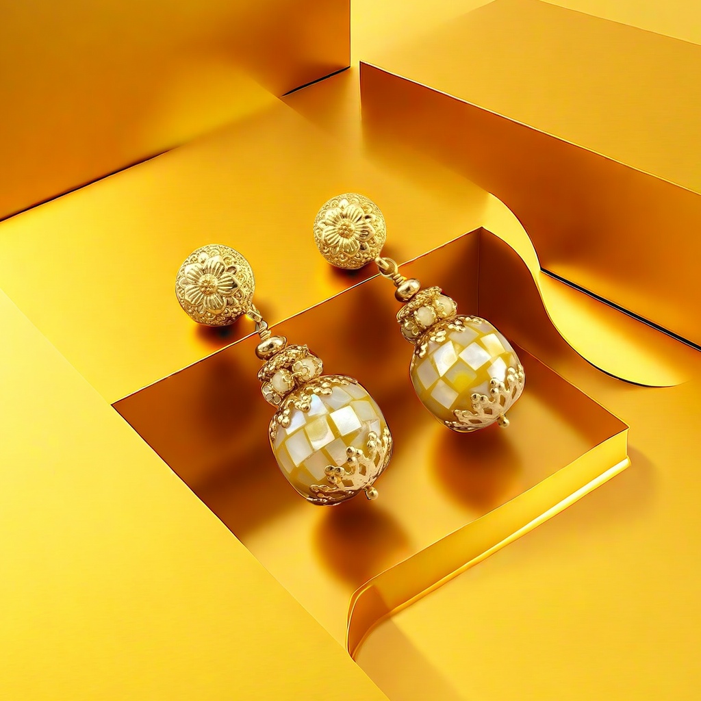 【SUGEBEINI】 Retro court style golden hollowed-out carved earrings, natural shell patchwork checkered spherical earrings, light luxury and niche design sense earrings, Baroque style ZEH00001 details Picture