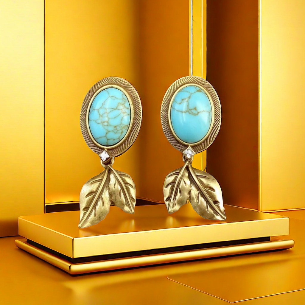 【SUGEBEINI】 Retro aged brass turquoise earrings, leaf pendants, diamond-encrusted earrings, Bohemian style, niche design earrings, ZEH00002 jewelry earrings Specification image