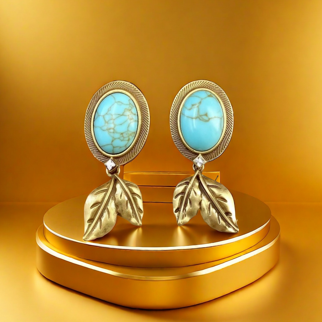 【SUGEBEINI】 Retro aged brass turquoise earrings, leaf pendants, diamond-encrusted earrings, Bohemian style, niche design earrings, ZEH00002 jewelry earrings Application Scenario