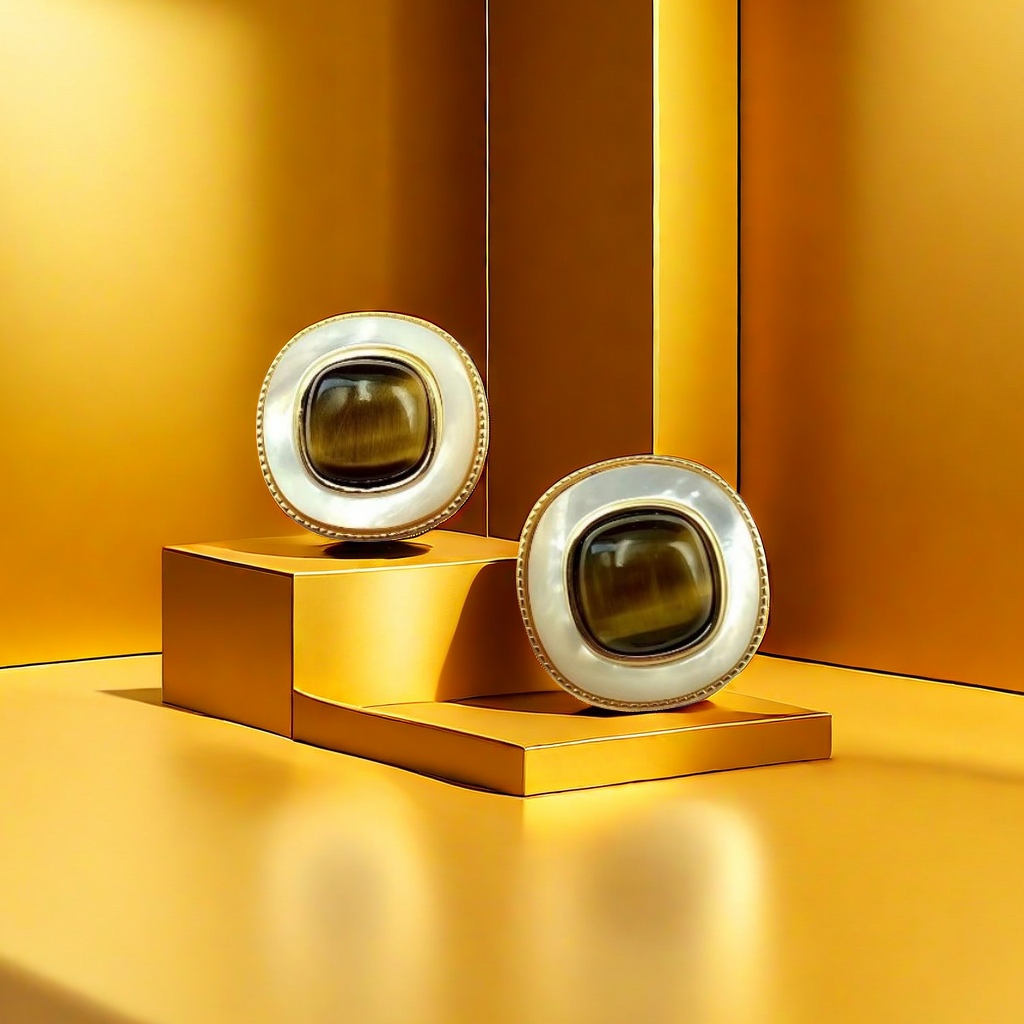 【SUGEBEINI】 Retro court style mother-of-pearl tiger's eye stone earrings, golden frame geometric stud earrings, light luxury, niche and high-end retro earrings ZEH00007 Application Scenario