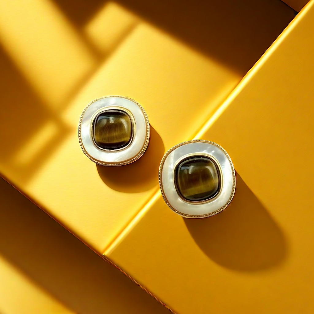 【SUGEBEINI】 Retro court style mother-of-pearl tiger's eye stone earrings, golden frame geometric stud earrings, light luxury, niche and high-end retro earrings ZEH00007 Specification image