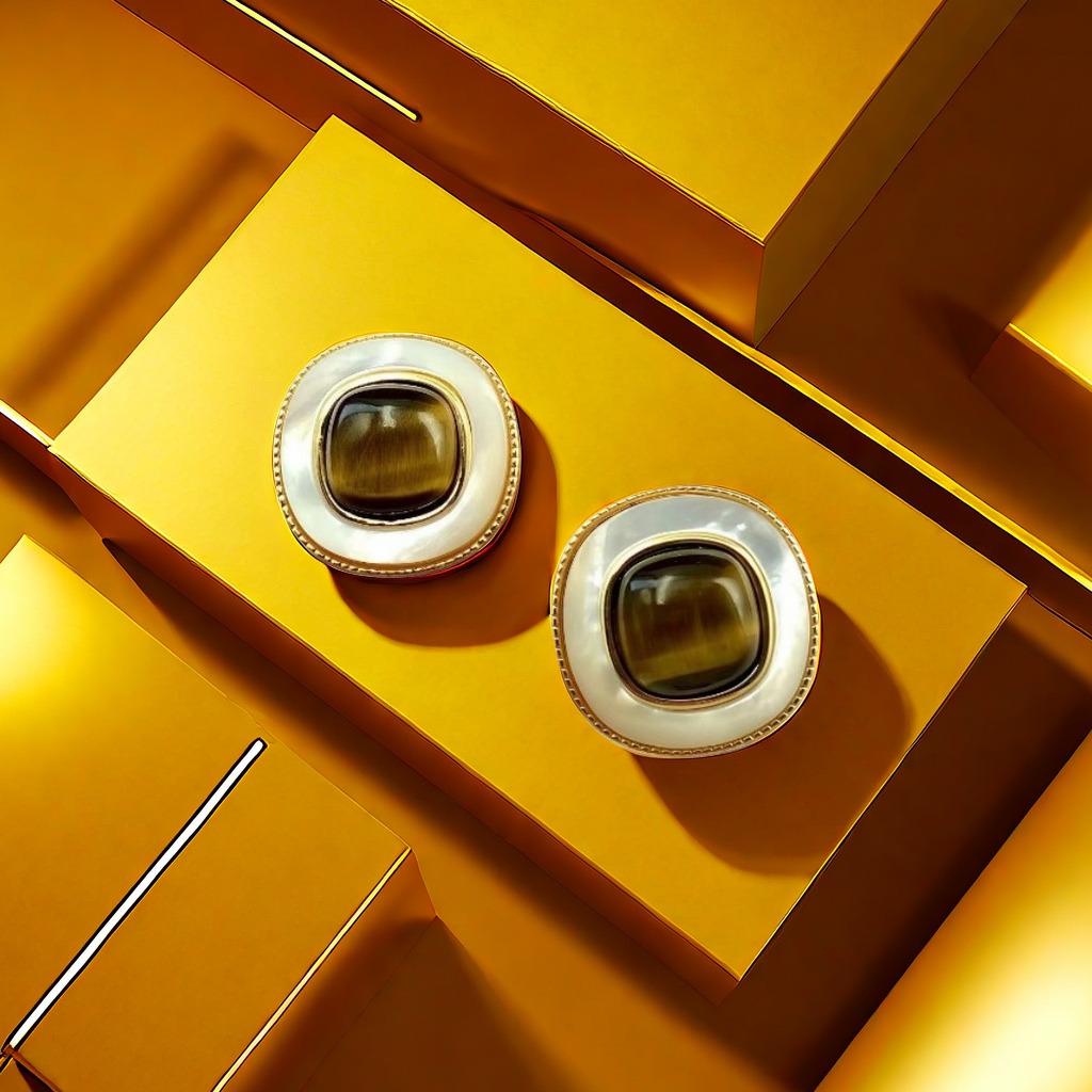 【SUGEBEINI】 Retro court style mother-of-pearl tiger's eye stone earrings, golden frame geometric stud earrings, light luxury, niche and high-end retro earrings ZEH00007 details Picture