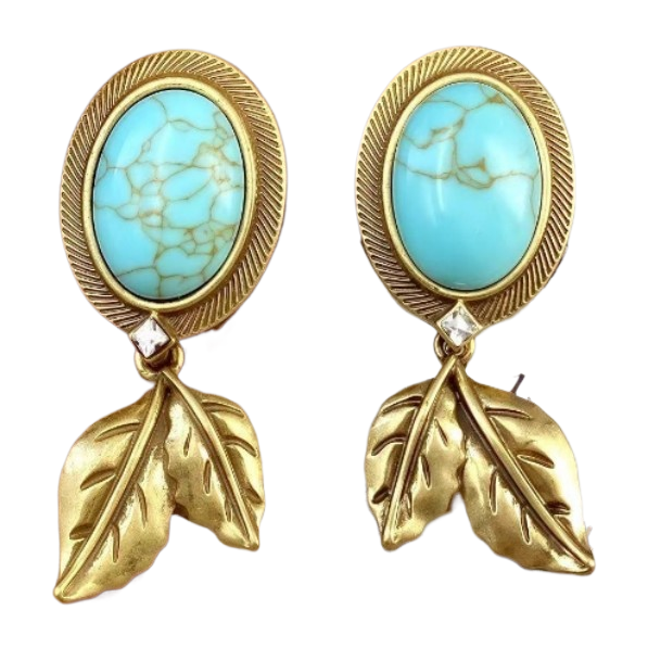 【SUGEBEINI】 Retro aged brass turquoise earrings, leaf pendants, diamond-encrusted earrings, Bohemian style, niche design earrings, ZEH00002 jewelry earrings Item Picture