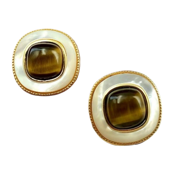 【SUGEBEINI】 Retro court style mother-of-pearl tiger's eye stone earrings, golden frame geometric stud earrings, light luxury, niche and high-end retro earrings ZEH00007 Item Picture