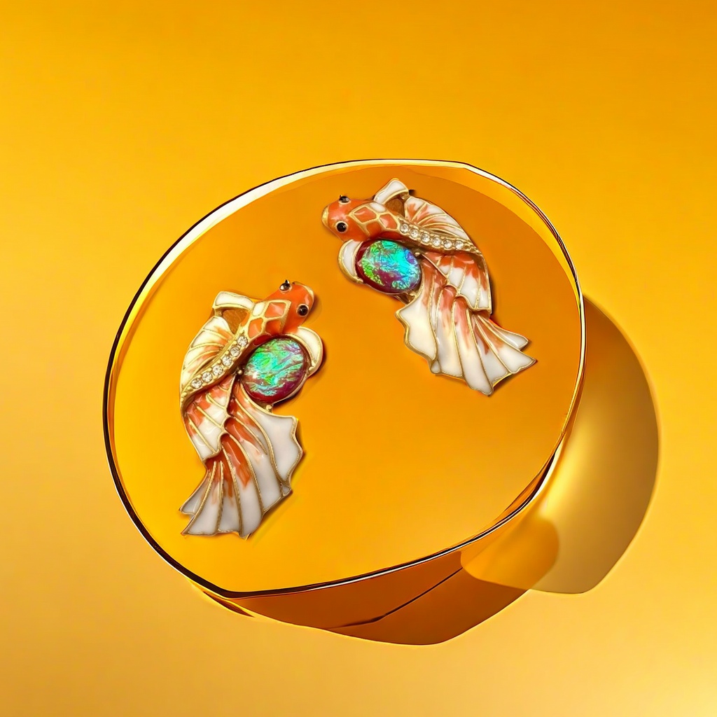 【SUGEBEINI】 Koi fish-shaped enamel earrings, iridescent opal diamond earrings, retro Chinese style, niche design accessories ZEH00016 Specification image