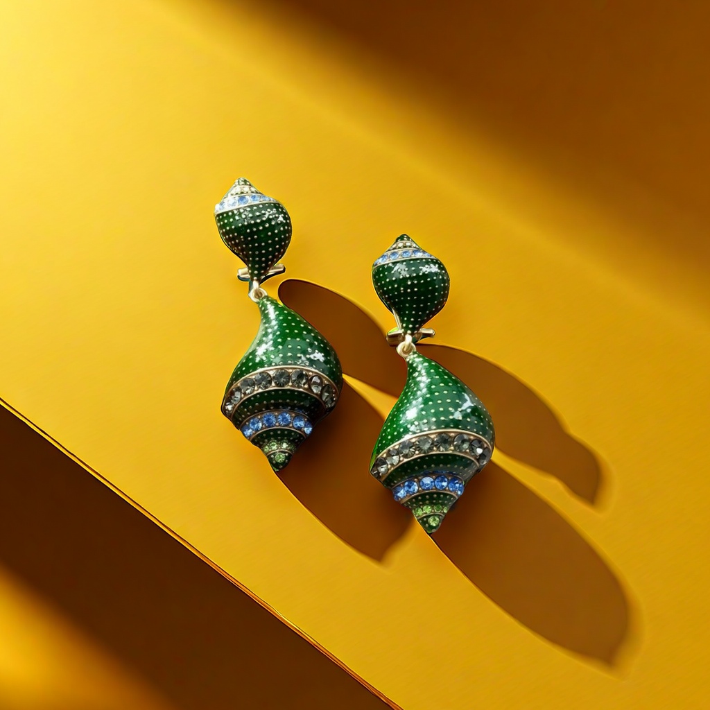 【SUGEBEINI】 Retro enamel conch earrings, green and blue contrasting diamond-encrusted earrings, ocean style, niche design, light luxury, artistic sense earrings ZEH00033 Specification image