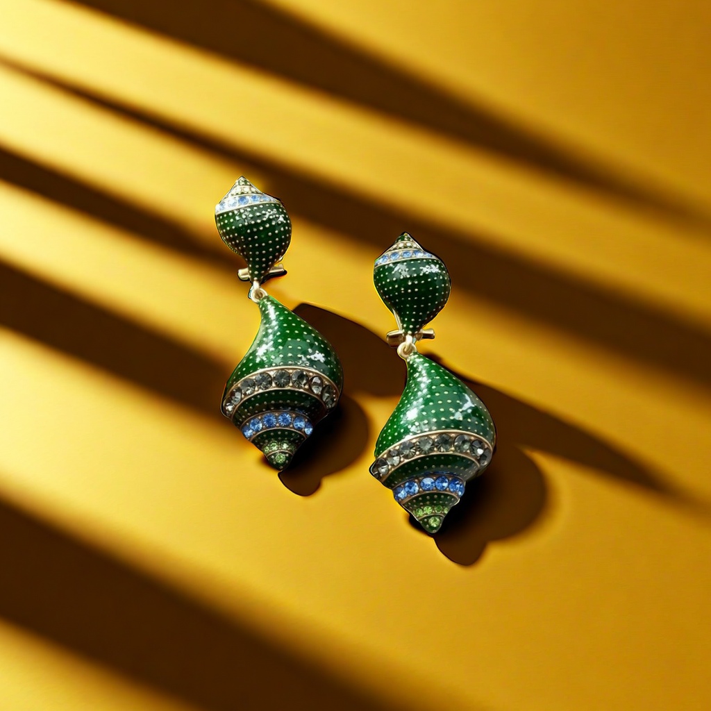 【SUGEBEINI】 Retro enamel conch earrings, green and blue contrasting diamond-encrusted earrings, ocean style, niche design, light luxury, artistic sense earrings ZEH00033 details Picture