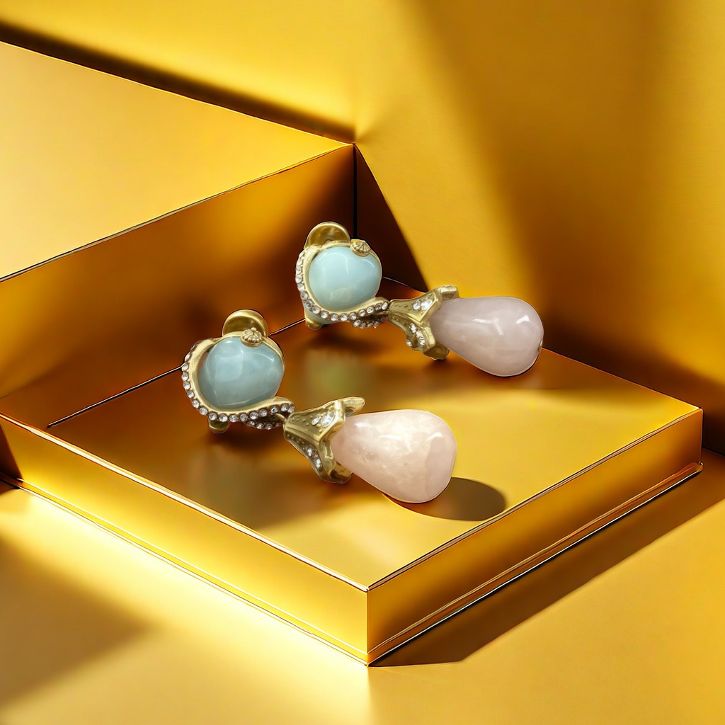 【SUGEBEINI】 Retro color-blocking gemstone earrings, blue and pink teardrop-shaped diamond-encrusted earrings, light luxury and niche artistic French earrings ZEH00034 Specification image