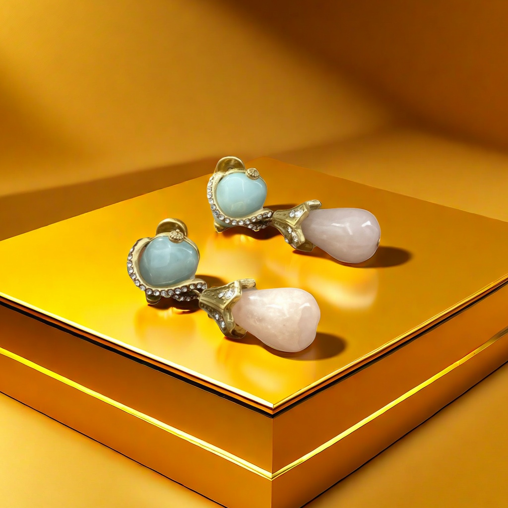 【SUGEBEINI】 Retro color-blocking gemstone earrings, blue and pink teardrop-shaped diamond-encrusted earrings, light luxury and niche artistic French earrings ZEH00034 Application Scenario