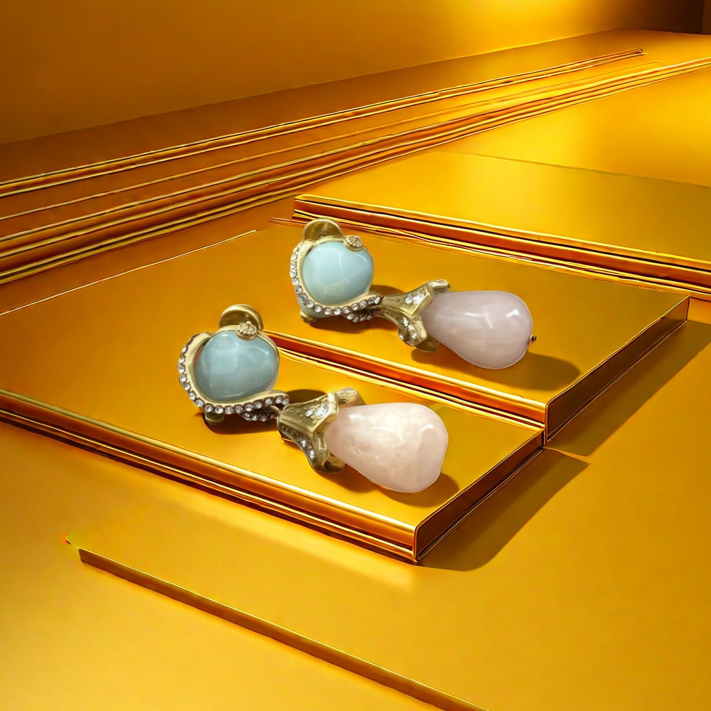 【SUGEBEINI】 Retro color-blocking gemstone earrings, blue and pink teardrop-shaped diamond-encrusted earrings, light luxury and niche artistic French earrings ZEH00034 details Picture