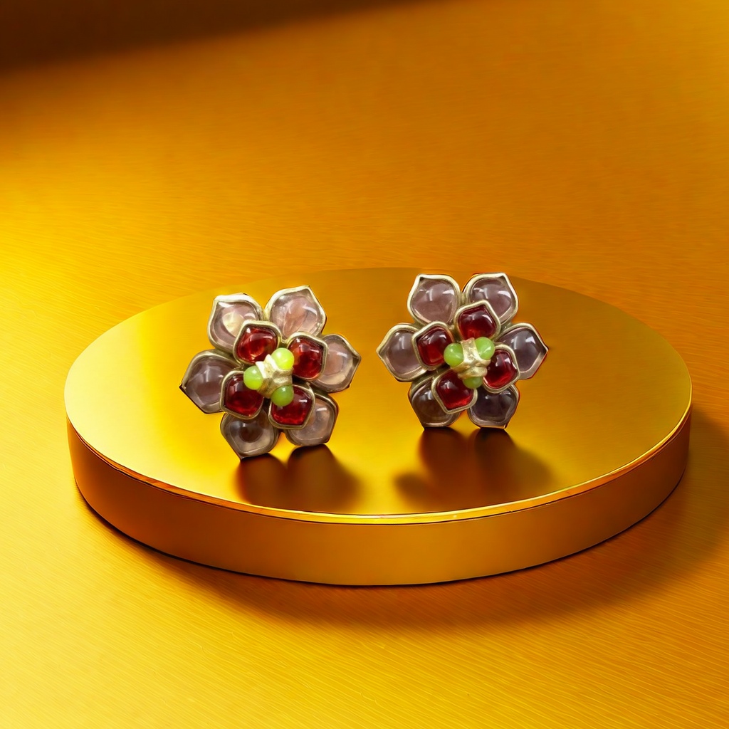【SUGEBEINI】 Baroque-style flower-shaped stud earrings with multi-color gemstone inlay design, retro and luxurious socialite style outfit and accessory ZEH00036H Application Scenario