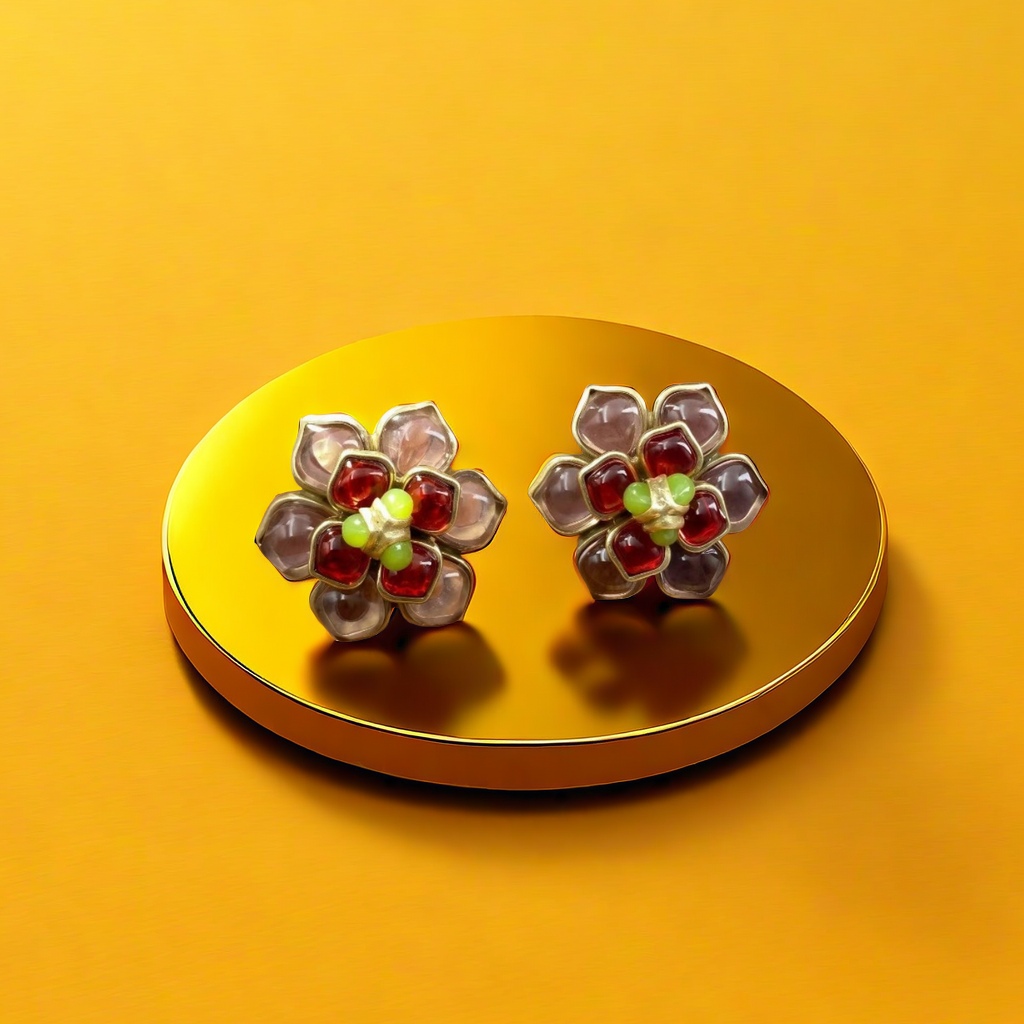 【SUGEBEINI】 Baroque-style flower-shaped stud earrings with multi-color gemstone inlay design, retro and luxurious socialite style outfit and accessory ZEH00036H Specification image
