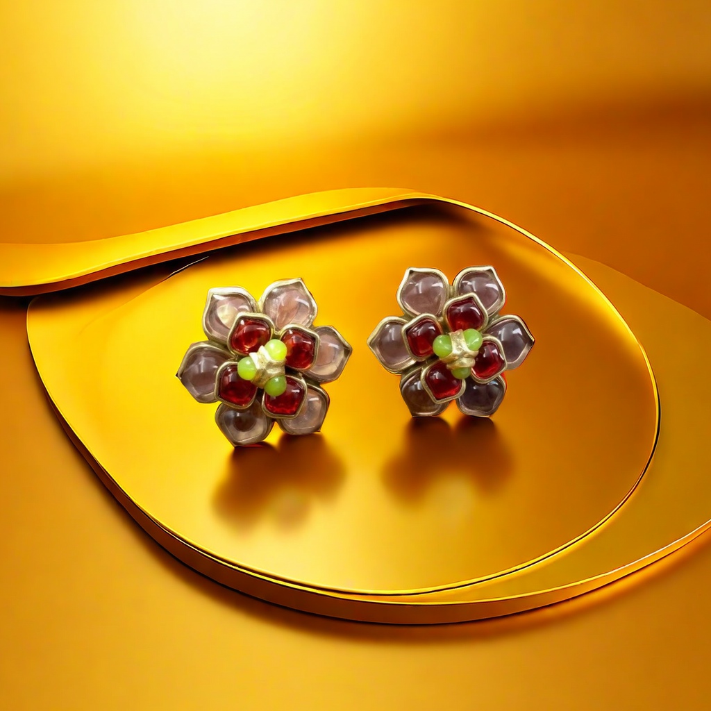 【SUGEBEINI】 Baroque-style flower-shaped stud earrings with multi-color gemstone inlay design, retro and luxurious socialite style outfit and accessory ZEH00036H details Picture