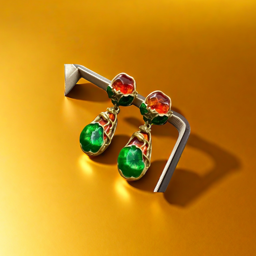 【SUGEBEINI】 Retro enamel lotus leaf earrings, red and green contrasting gemstone earrings, light luxury court style, artistic and niche earrings ZEH00037 details Picture