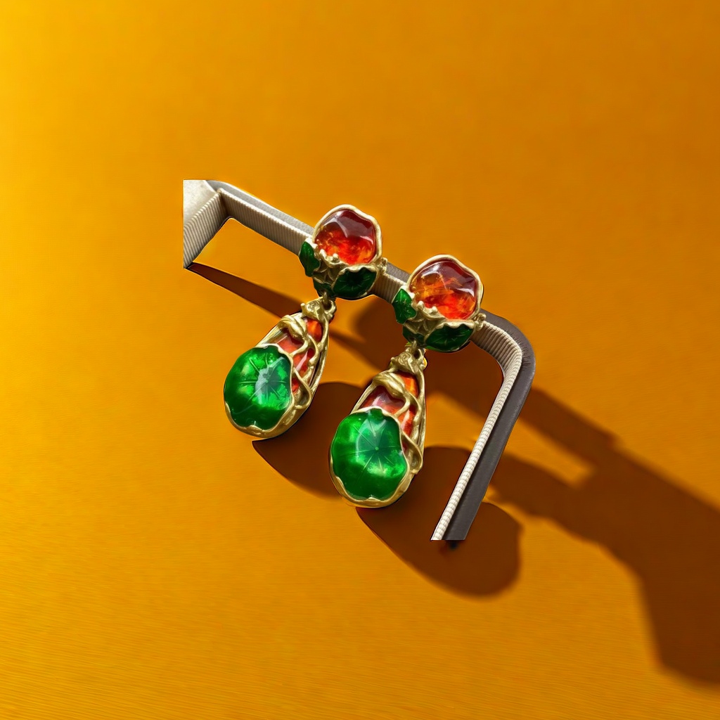 【SUGEBEINI】 Retro enamel lotus leaf earrings, red and green contrasting gemstone earrings, light luxury court style, artistic and niche earrings ZEH00037 Specification image
