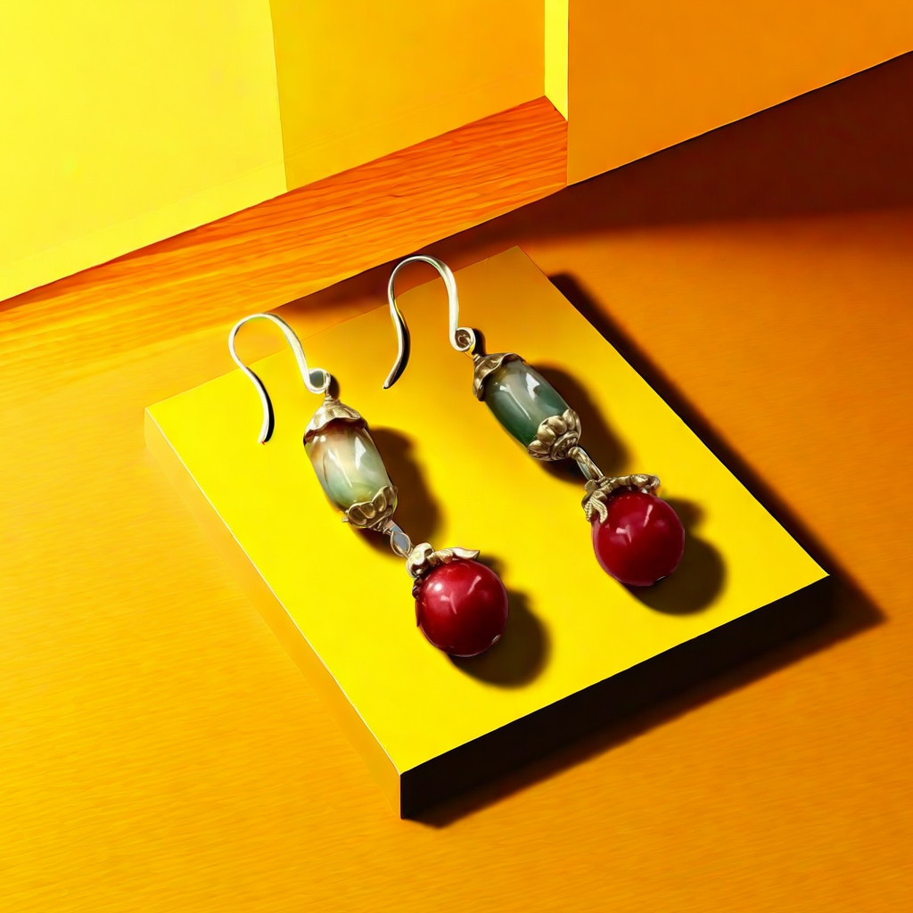 【SUGEBEINI】 Retro contrasting color agate ear hooks, red and green gradient gemstone pendant earrings, Chinese style niche design sense, light luxury earrings ZEH00039 Application Scenario