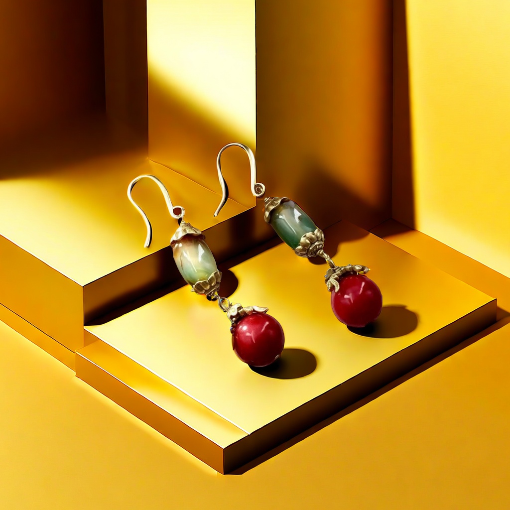 【SUGEBEINI】 Retro contrasting color agate ear hooks, red and green gradient gemstone pendant earrings, Chinese style niche design sense, light luxury earrings ZEH00039 Specification image