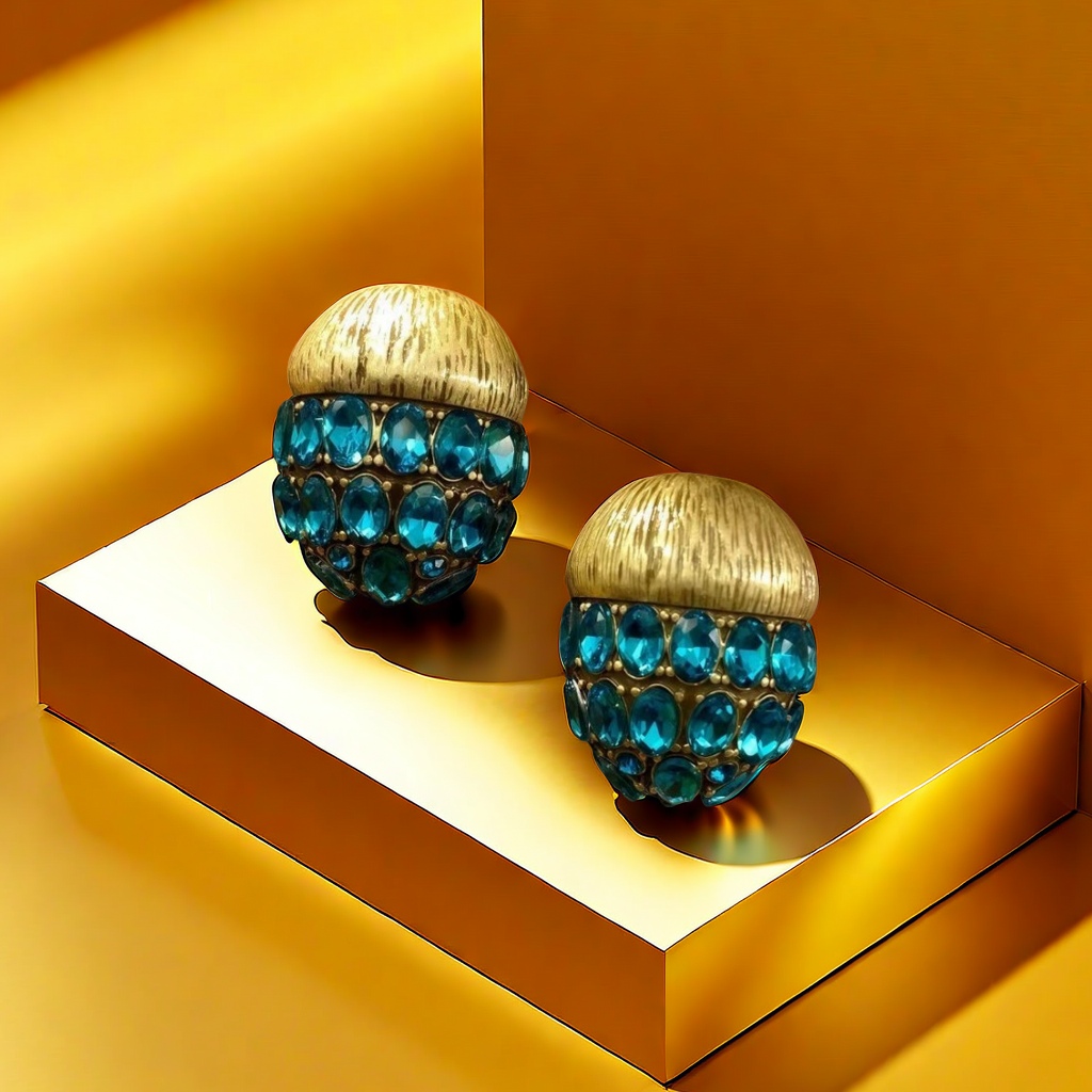 【SUGEBEINI】 Artistic blue diamond spherical earrings with golden texture trim, niche light luxury retro style exquisite earrings ZEH00042 Specification image