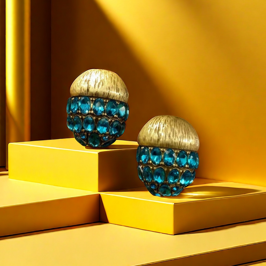 【SUGEBEINI】 Artistic blue diamond spherical earrings with golden texture trim, niche light luxury retro style exquisite earrings ZEH00042 details Picture