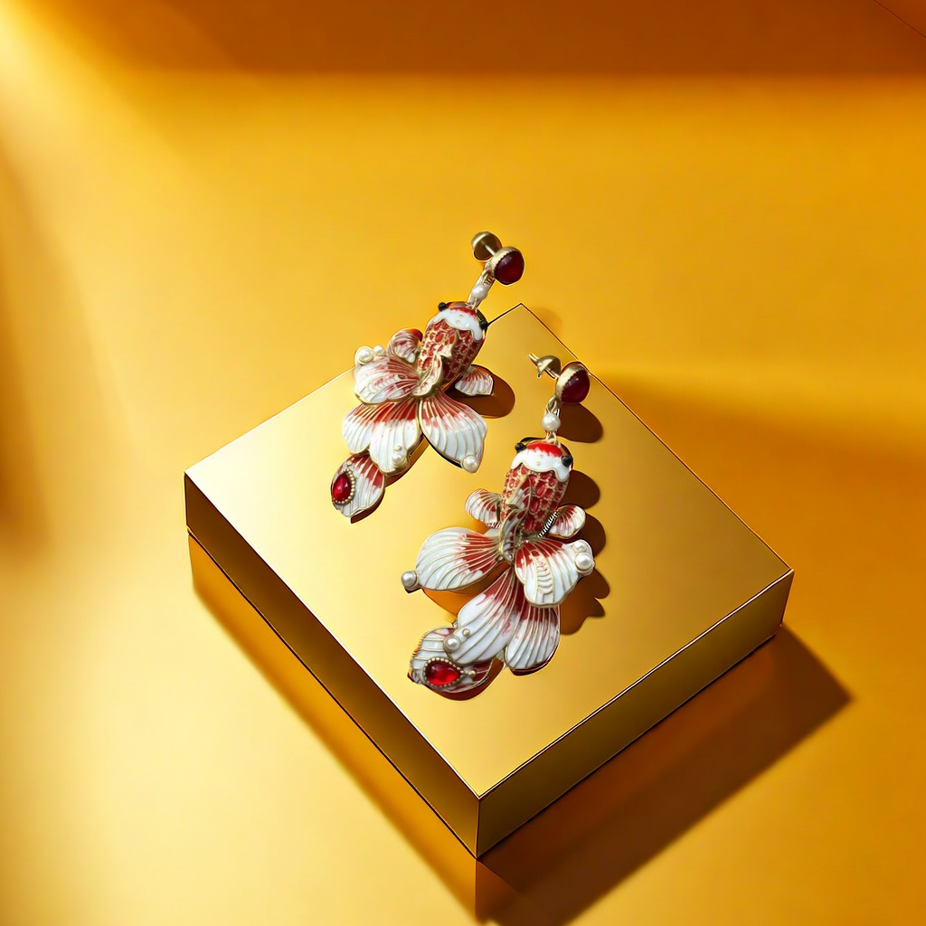 【SUGEBEINI】国风珐琅彩金鱼耳环 红玛瑙珍珠点缀耳坠 复古宫廷风轻奢艺术感耳饰ZEH00043细节图