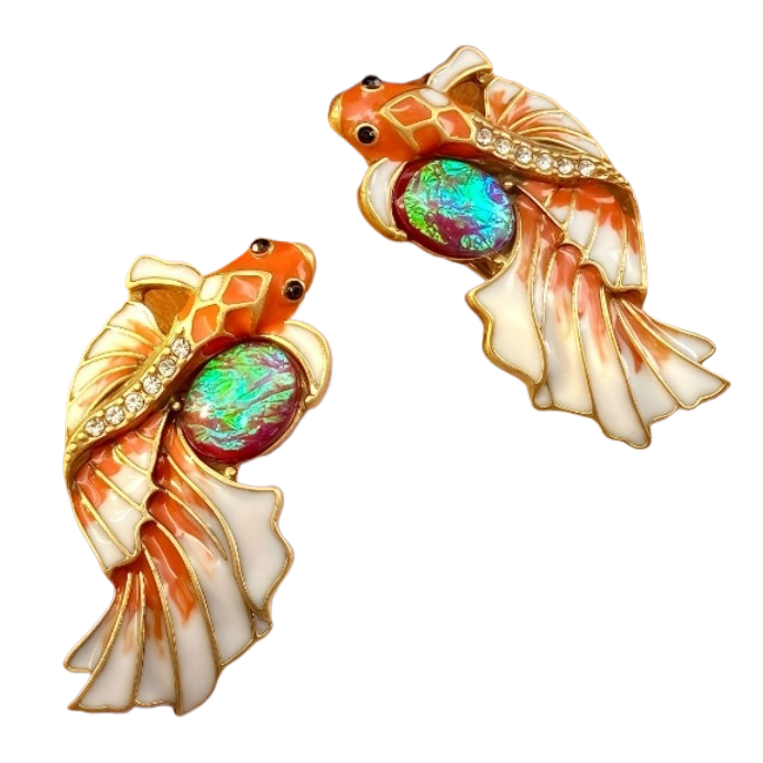 【SUGEBEINI】 Koi fish-shaped enamel earrings, iridescent opal diamond earrings, retro Chinese style, niche design accessories ZEH00016 Item Picture