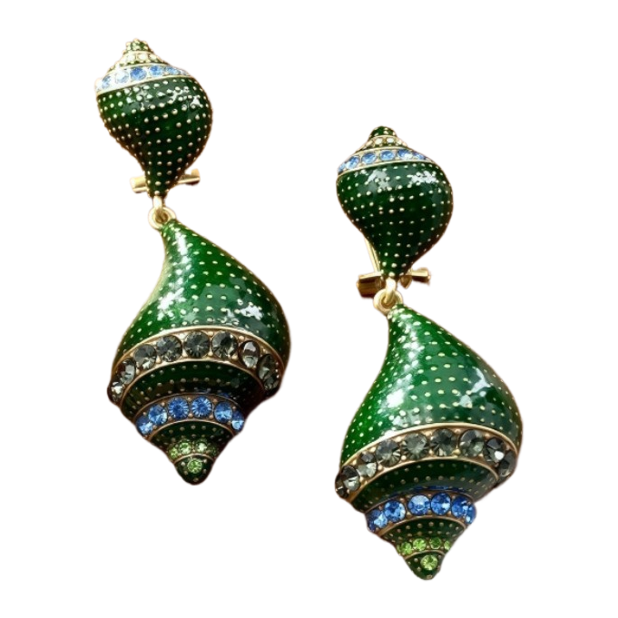 【SUGEBEINI】 Retro enamel conch earrings, green and blue contrasting diamond-encrusted earrings, ocean style, niche design, light luxury, artistic sense earrings ZEH00033 Item Picture