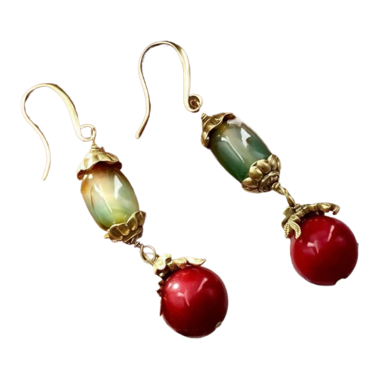 【SUGEBEINI】 Retro contrasting color agate ear hooks, red and green gradient gemstone pendant earrings, Chinese style niche design sense, light luxury earrings ZEH00039 Item Picture