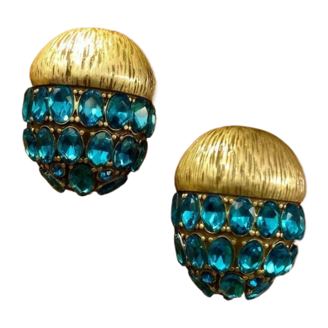 【SUGEBEINI】 Artistic blue diamond spherical earrings with golden texture trim, niche light luxury retro style exquisite earrings ZEH00042 Item Picture