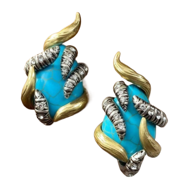 【SUGEBEINI】 Retro punk-style turquoise earrings with diamond-encrusted metal claw-shaped design, niche, light luxury, artistic and personalized stud earrings ZEH00045 Item Picture