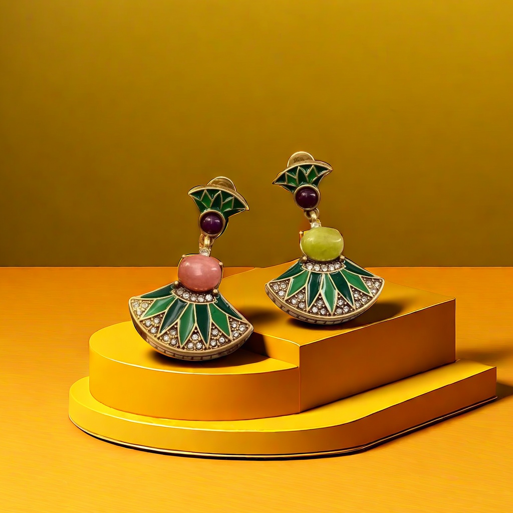 【SUGEBEINI】 Retro fan-shaped contrasting enamel earrings, women's fan-shaped colored gemstone earrings ZEH00065 Specification image