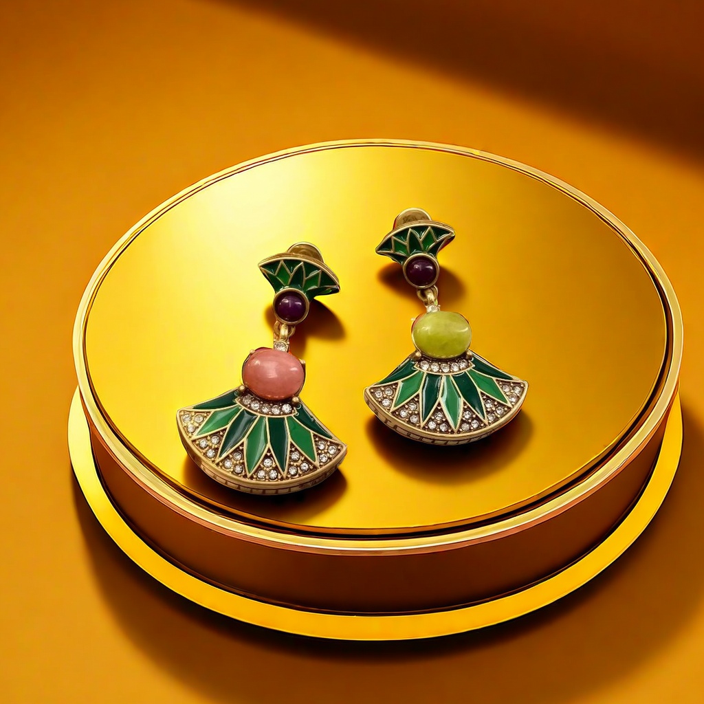 【SUGEBEINI】 Retro fan-shaped contrasting enamel earrings, women's fan-shaped colored gemstone earrings ZEH00065 Item Picture