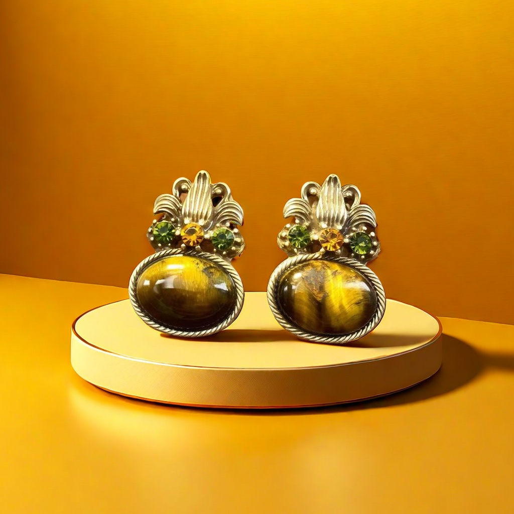 【SUGEBEINI】 Retro court style tiger's eye ear studs with a niche design sense oval tiger's eye ear studs ZEH00067 details Picture