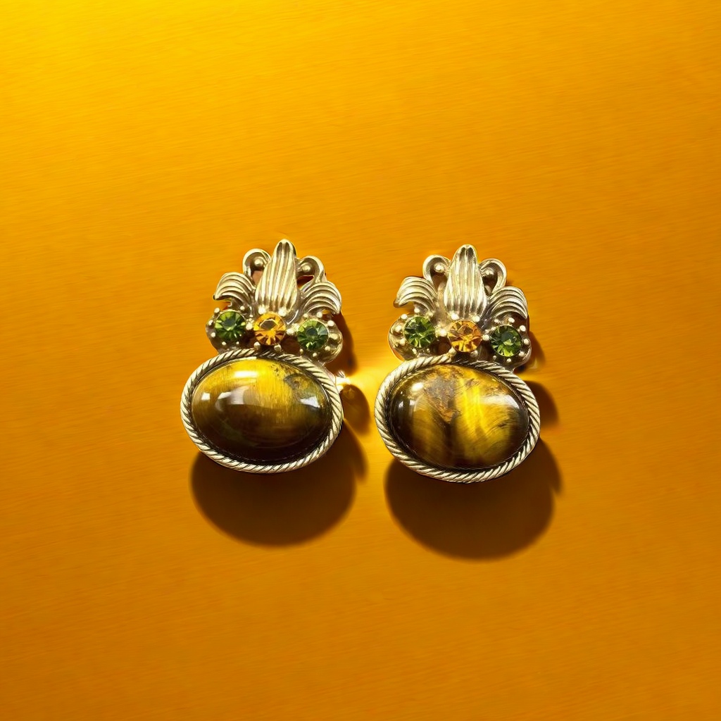 【SUGEBEINI】 Retro court style tiger's eye ear studs with a niche design sense oval tiger's eye ear studs ZEH00067 Specification image
