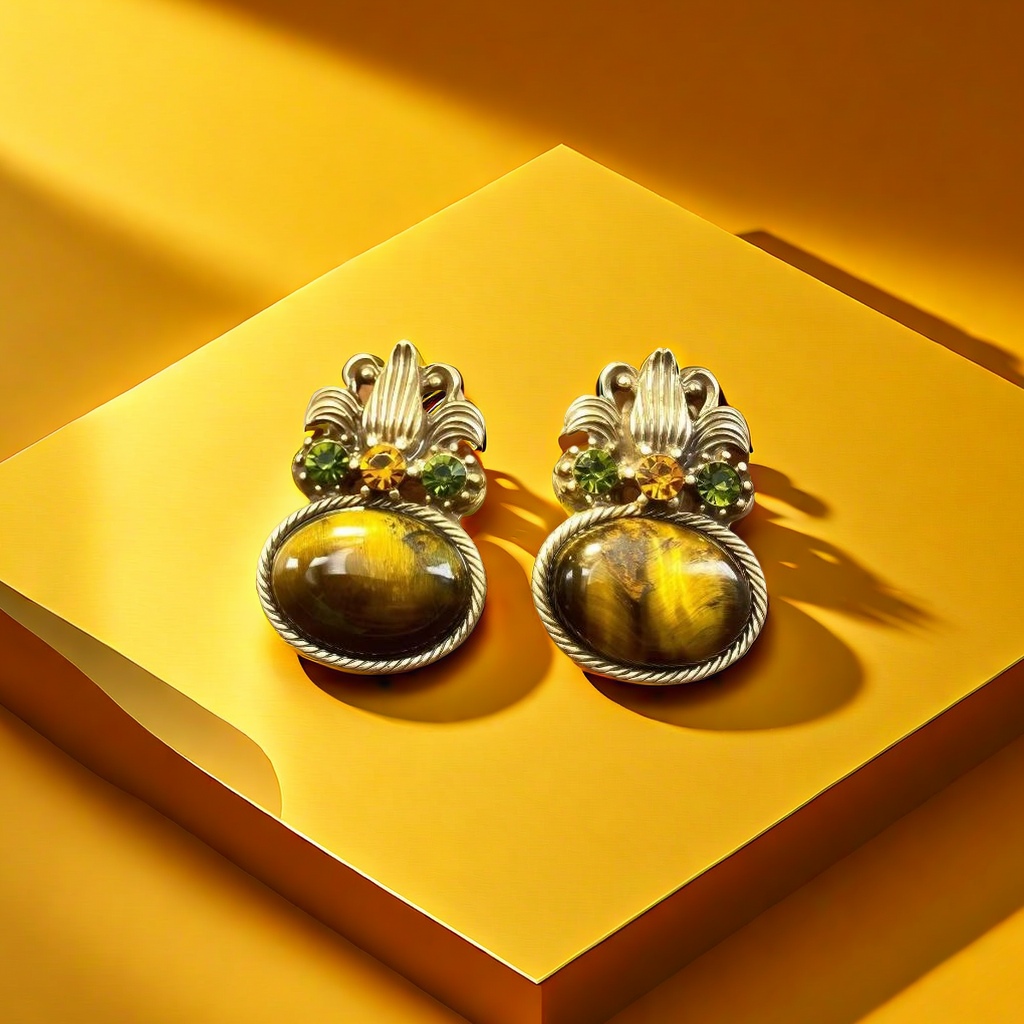 【SUGEBEINI】 Retro court style tiger's eye ear studs with a niche design sense oval tiger's eye ear studs ZEH00067 Item Picture