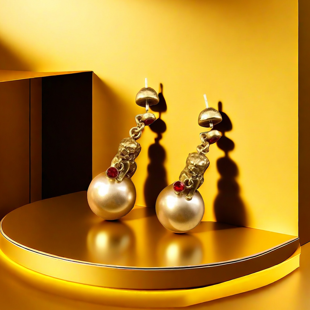 【SUGEBEINI】 Golden Auspicious Beast Bead Ear studs in Court style Golden Auspicious beast ear studs ZEH00071 Specification image