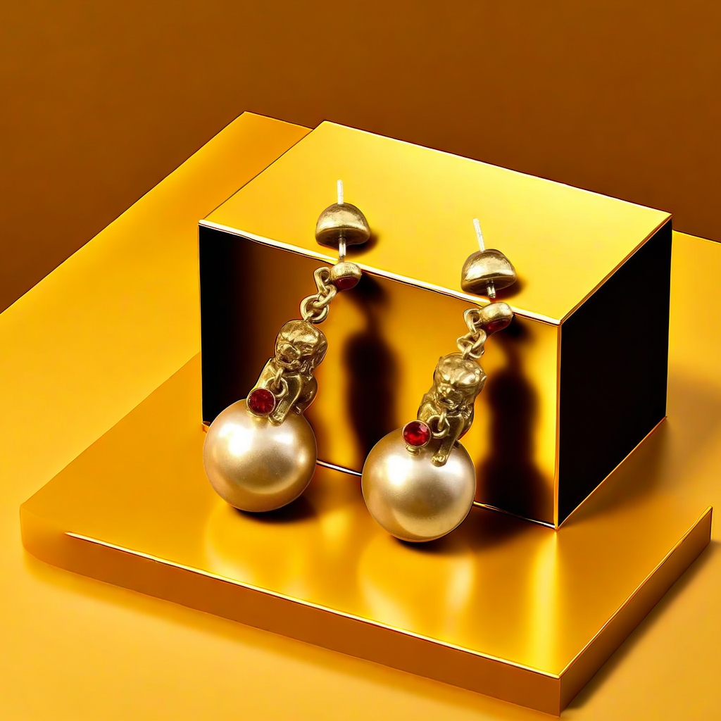 【SUGEBEINI】 Golden Auspicious Beast Bead Ear studs in Court style Golden Auspicious beast ear studs ZEH00071 details Picture