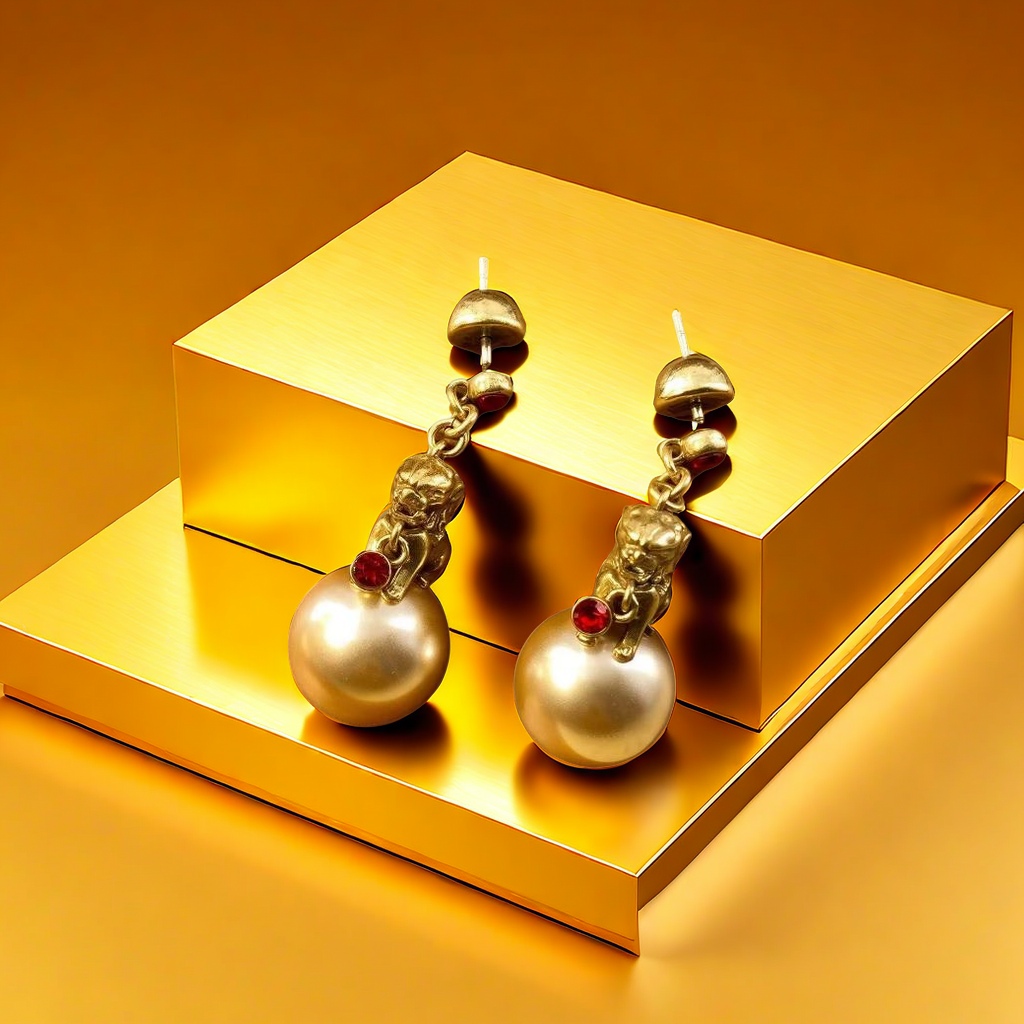 【SUGEBEINI】 Golden Auspicious Beast Bead Ear studs in Court style Golden Auspicious beast ear studs ZEH00071 Item Picture