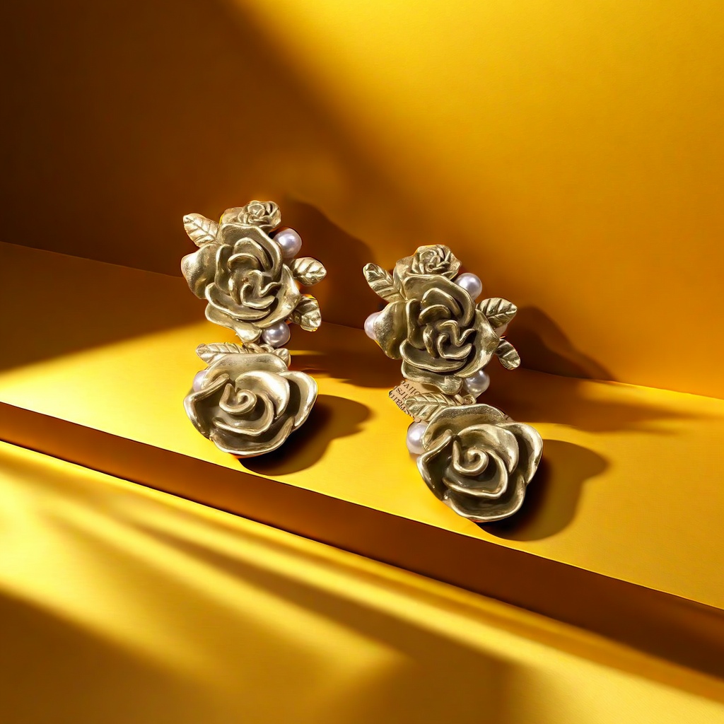 【SUGEBEINI】 Retro court-style golden rose bead stud earrings with a niche design sense. Rose stud earrings ZEH00080 details Picture