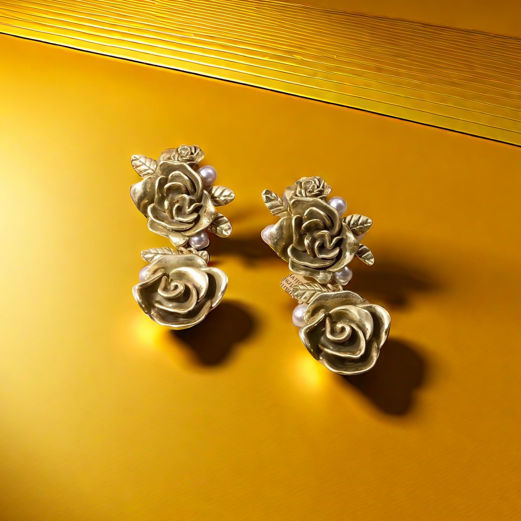 【SUGEBEINI】 Retro court-style golden rose bead stud earrings with a niche design sense. Rose stud earrings ZEH00080 Specification image
