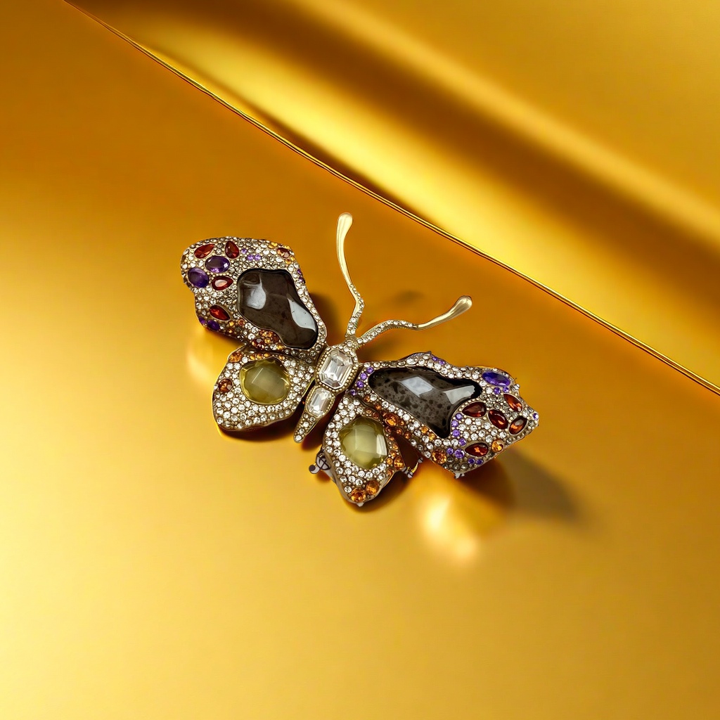 【SUGEBEINI】 Retro court style gemstone butterfly brooch, multi-color diamond jewelry, artistic brooch, light luxury, niche and high-end clothing accessories ZX00001 Application Scenario
