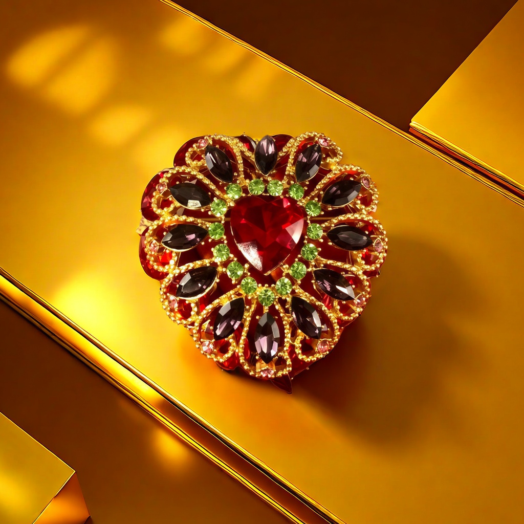 【SUGEBEINI】 Retro court style heart gemstone brooch, red, black and green contrasting diamond brooch, light luxury, niche and high-end banquet accessory ZX00032 Application Scenario