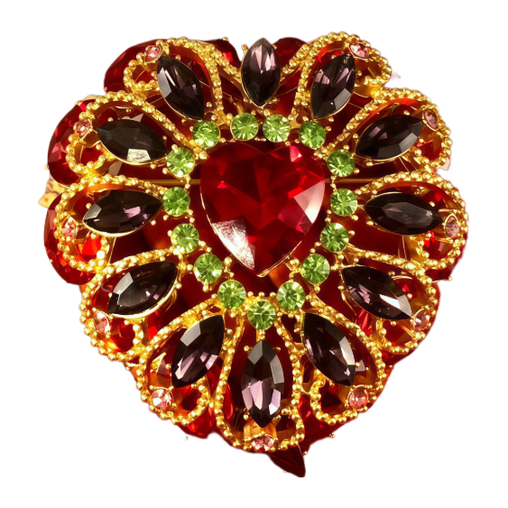 【SUGEBEINI】 Retro court style heart gemstone brooch, red, black and green contrasting diamond brooch, light luxury, niche and high-end banquet accessory ZX00032 Item Picture