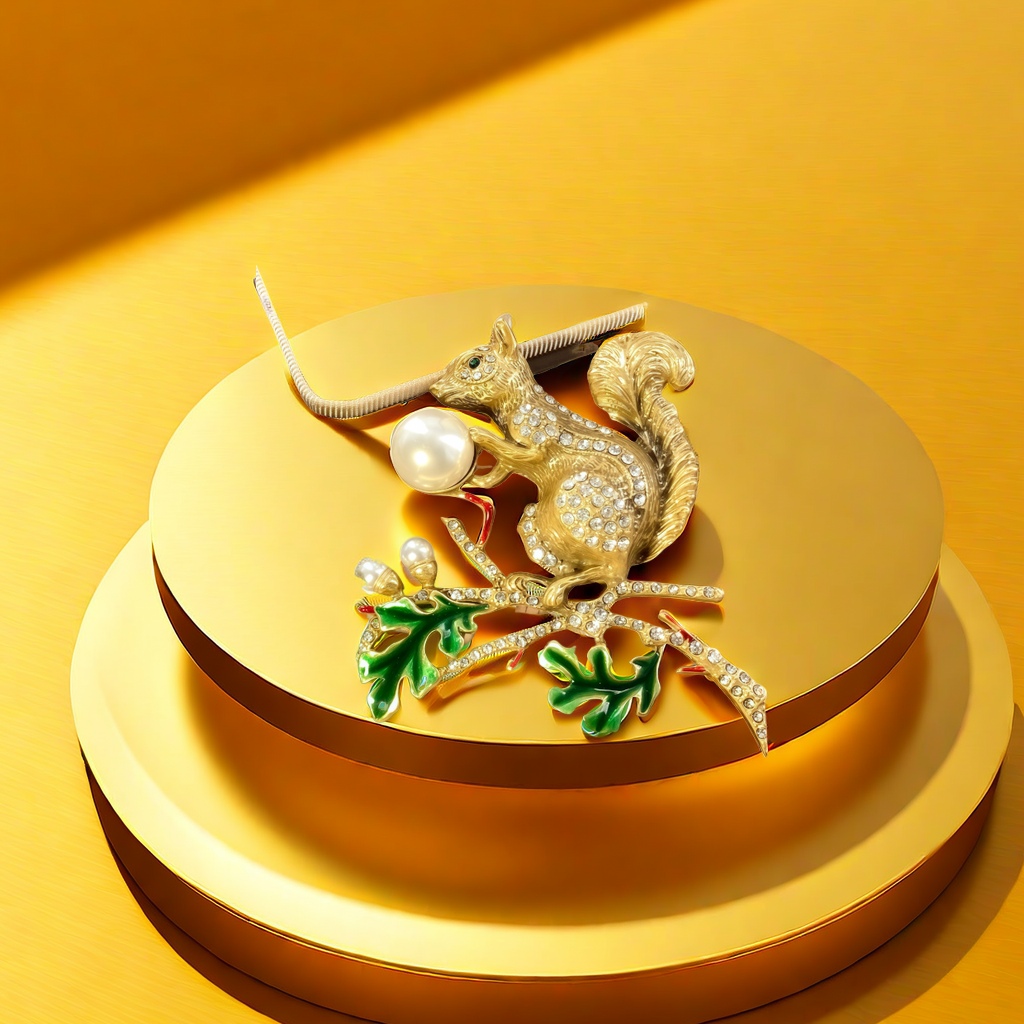 【SUGEBEINI】 Golden Squirrel Shaped brooch Enamel Leaf and Diamond Squirrel Brooch ZX00037 details Picture